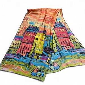 Oblong 100% Charmeuse Silk Scarf Art Wassily Kandinsky's "Houses in Munich"